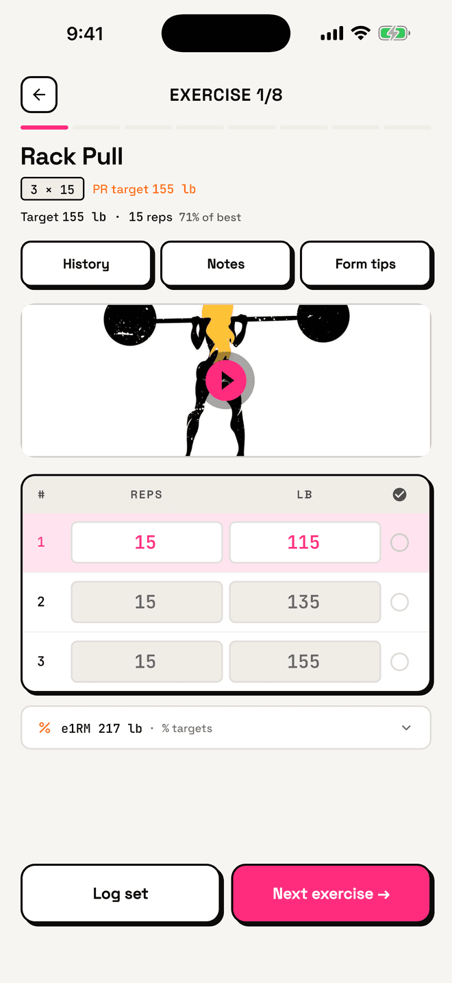 The HotMomz app logging a set of rack pulls: the target weight and reps for each set, your PR target and form tips