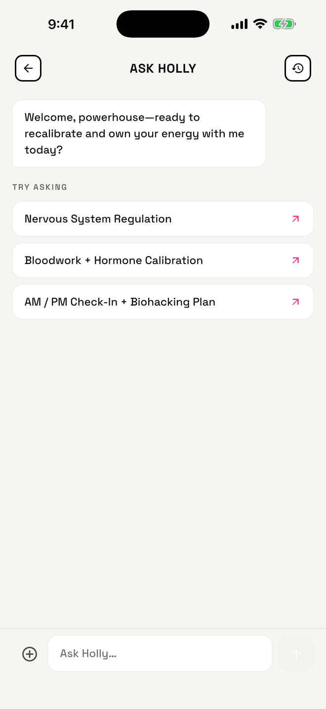 Holly, the AI coach in the HotMomz app, greeting you with suggested questions to ask