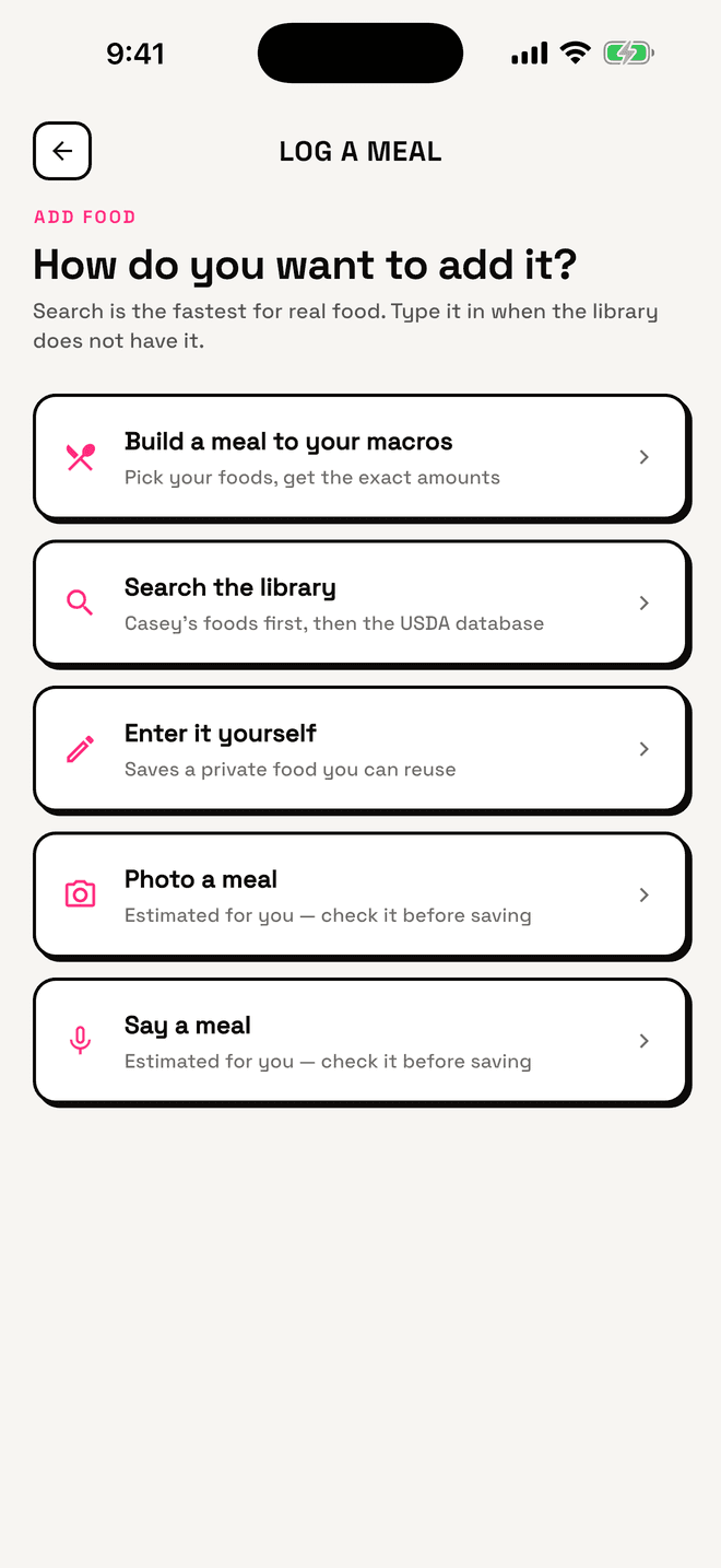 The HotMomz app's log a meal screen, with options to build a meal to your macros, photo a meal or say a meal