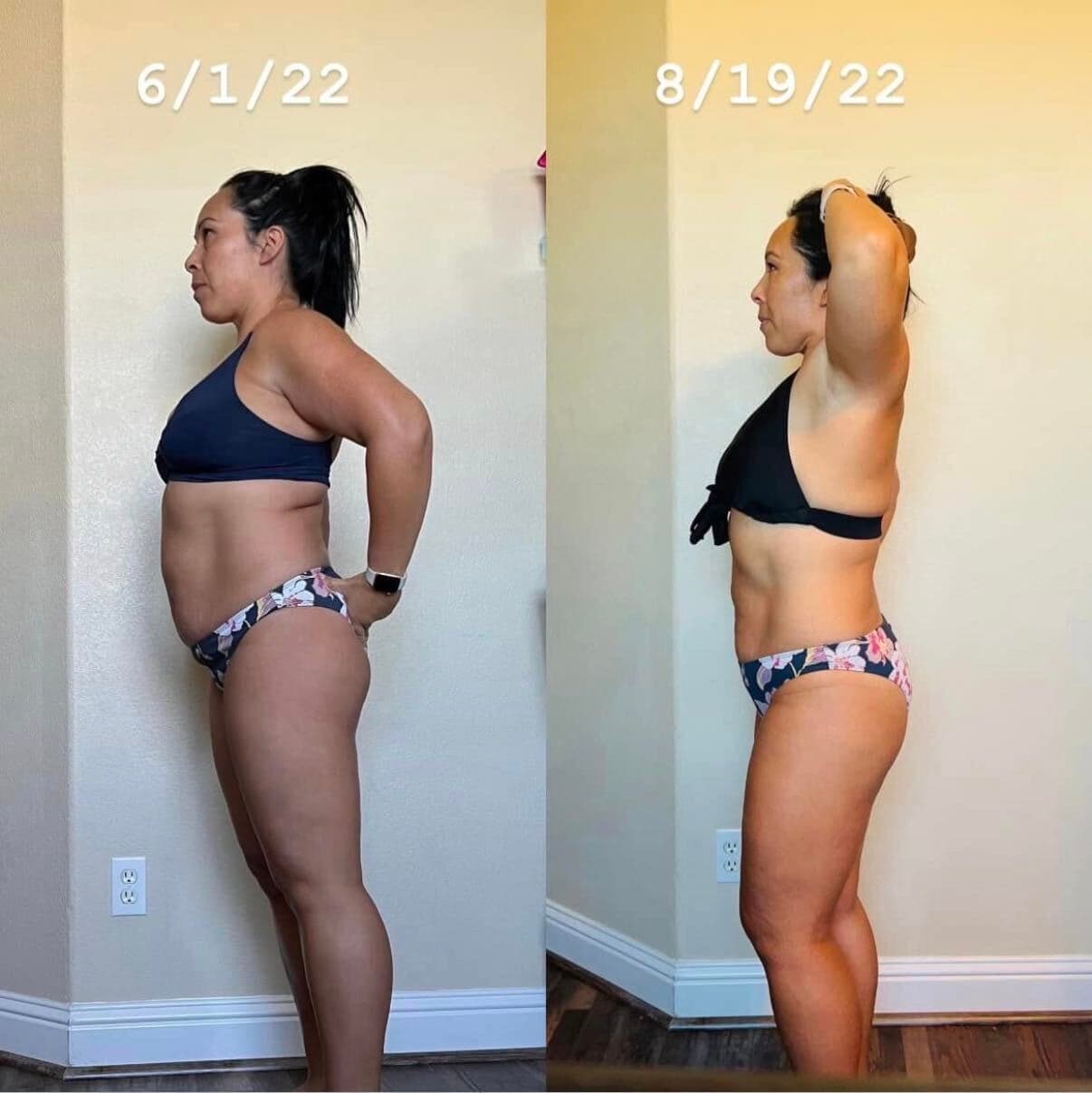 Side-view before and after, June 1 2022 and August 19 2022, with a visibly flatter, more defined stomach.