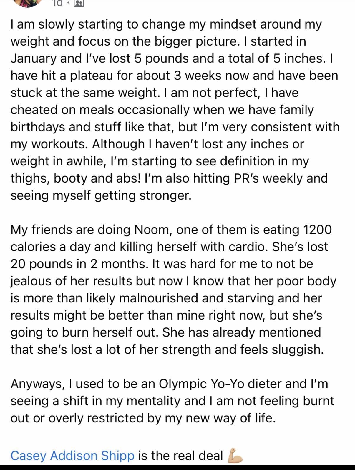 Member post: lost 5 pounds and 5 inches, hitting PRs weekly, seeing definition, no longer a yo-yo dieter and not feeling restricted.